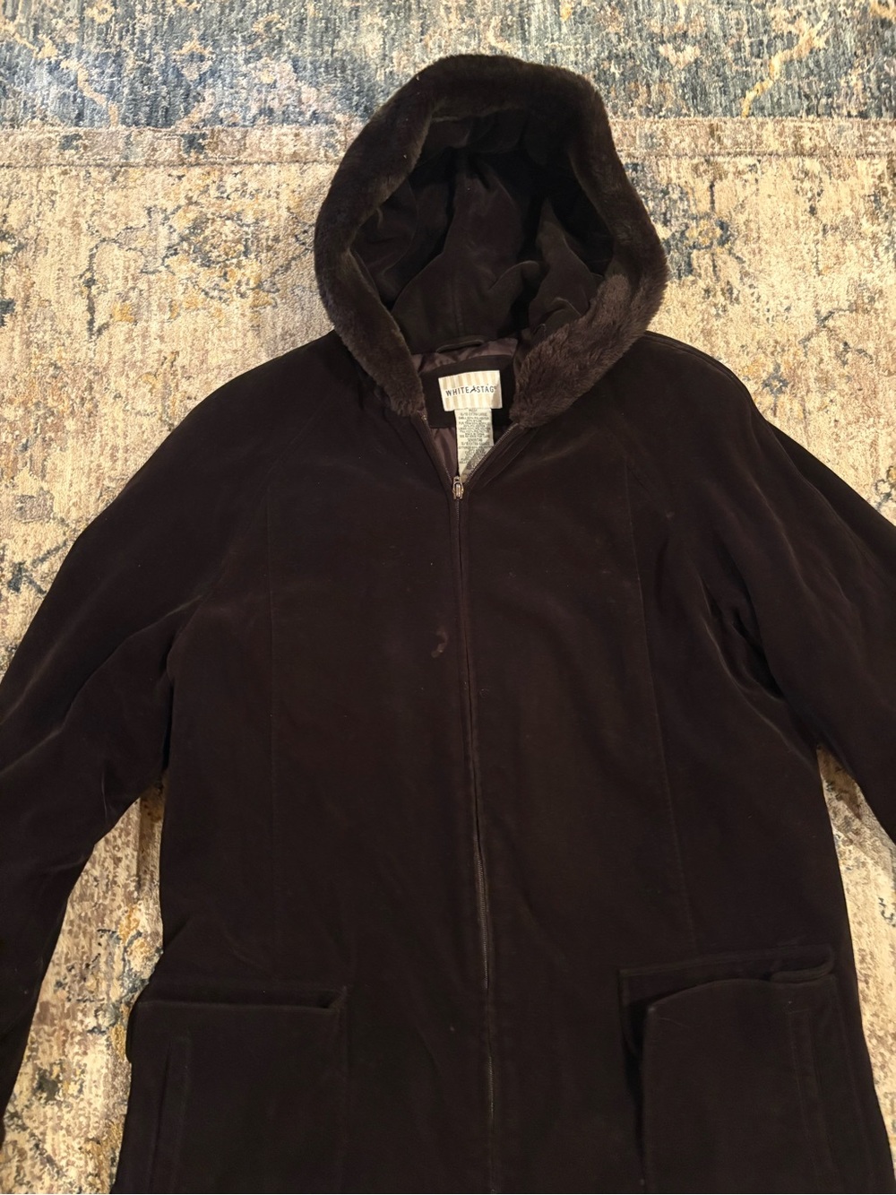 Vintage White Stag Women’s Velvet Hooded Brown Coat with Faux Fur Trim 90s